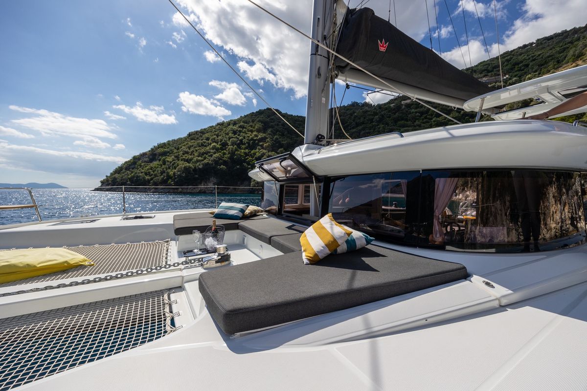 Deck of Solana, a Lagoon 43 catamaran at Municipal Unit of Lefkada, Greece