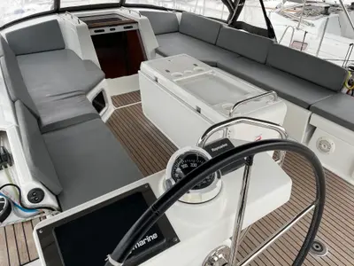 Cockpit of Kymo, a Jeanneau 54 sailboat at Volos Municipality, Greece