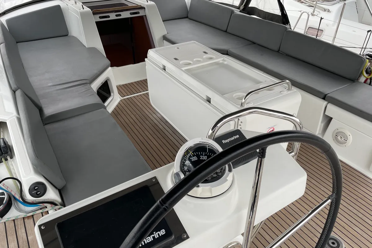 Cockpit of Kymo, a Jeanneau 54 sailboat at Volos Municipality, Greece