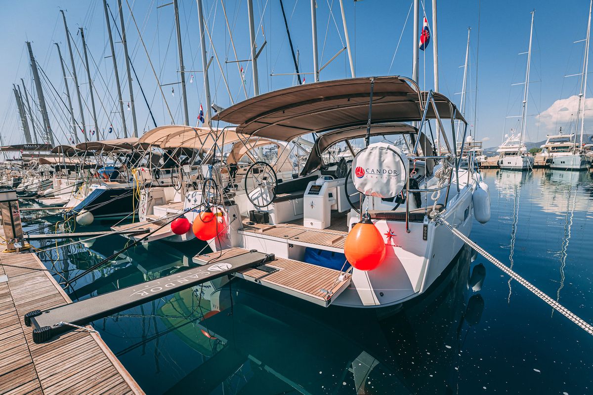 Exterior view of Purr, a Jeanneau Sun Odyssey 410 sailboat at Grad Kaštela, Croatia