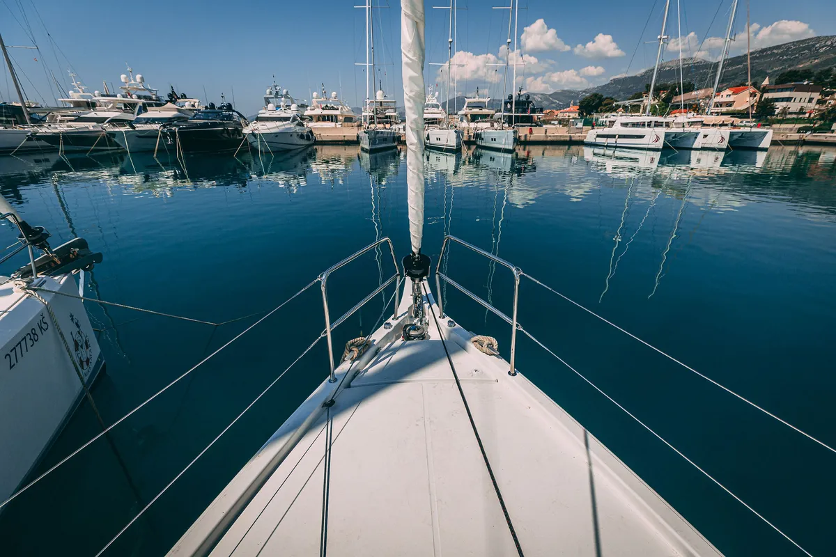 Exterior view of Purr, a Jeanneau Sun Odyssey 410 sailboat at Grad Kaštela, Croatia