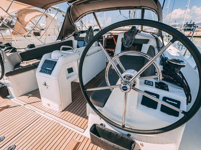 Cockpit of Purr, a Jeanneau Sun Odyssey 410 sailboat at Grad Kaštela, Croatia