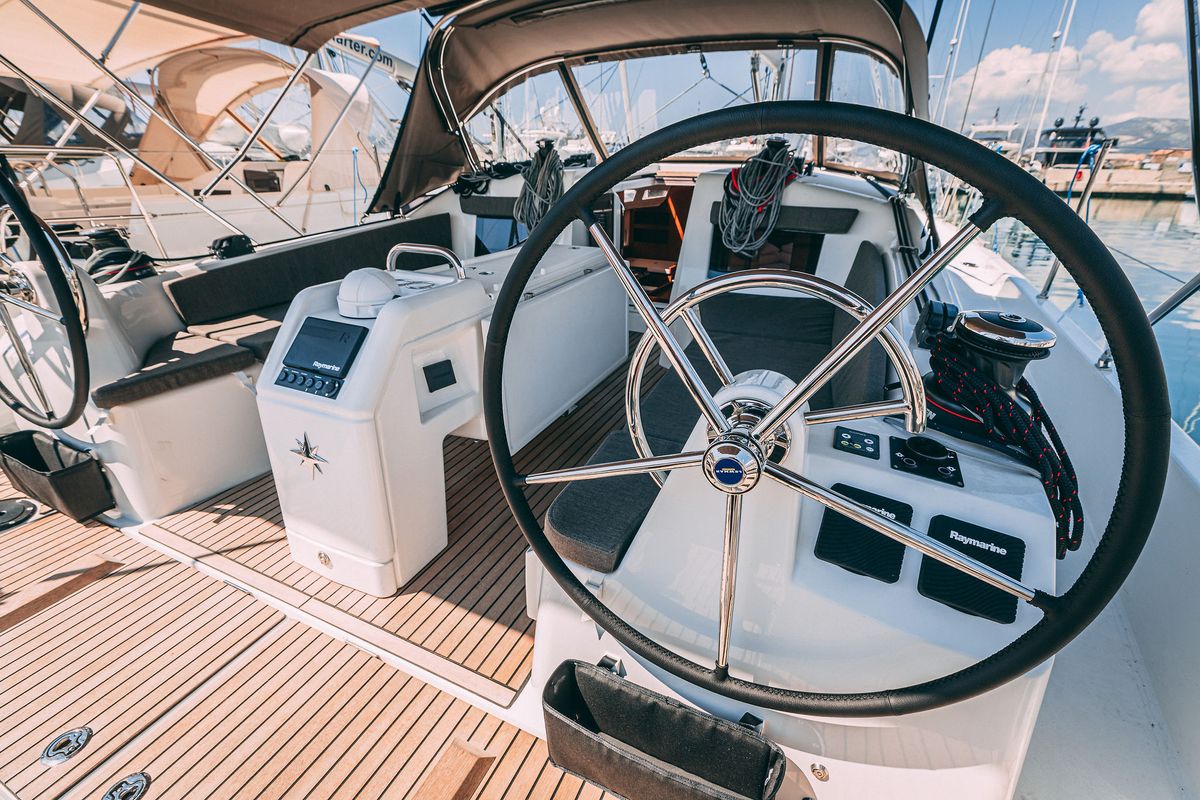 Cockpit of Purr, a Jeanneau Sun Odyssey 410 sailboat at Grad Kaštela, Croatia