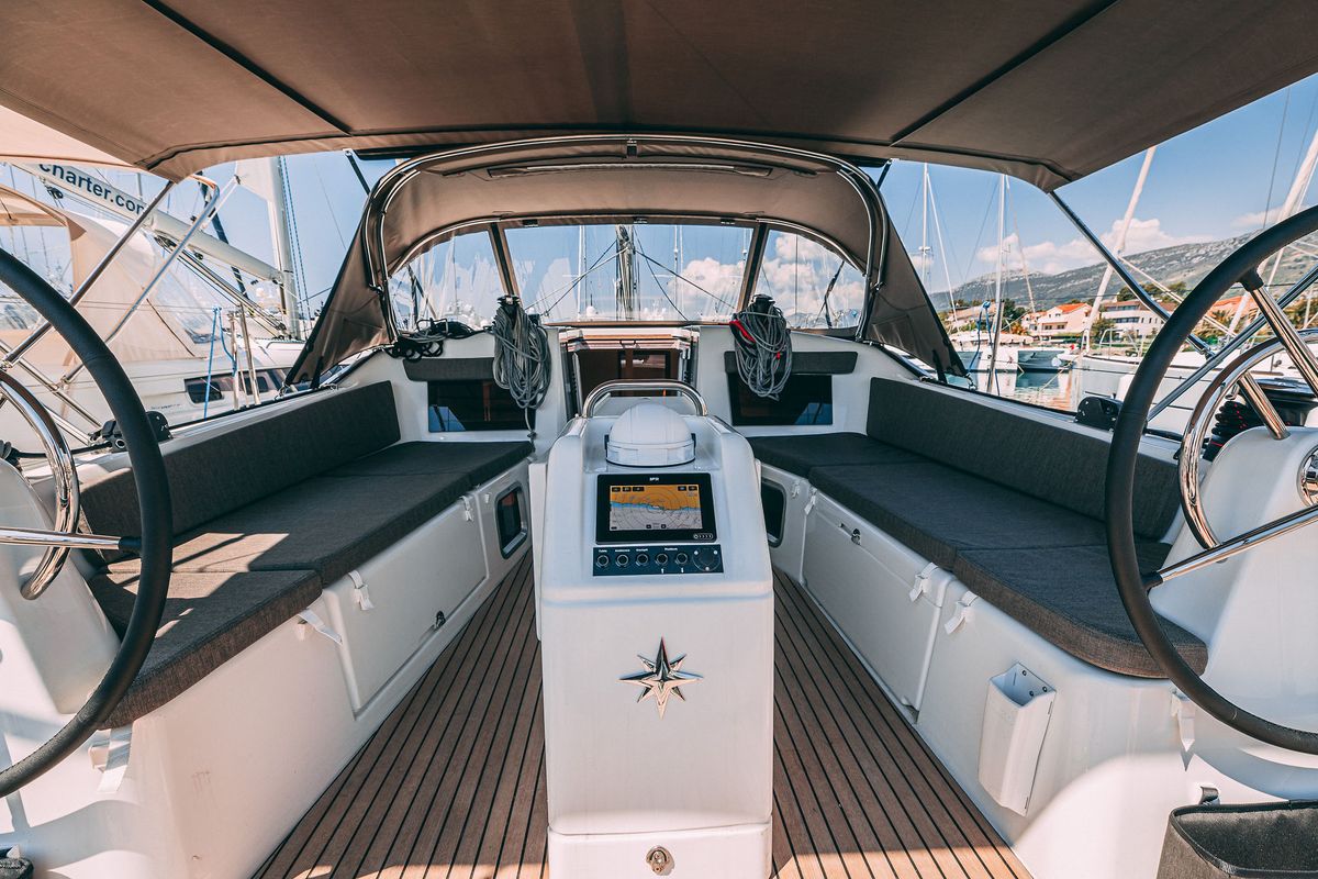 Cockpit of Purr, a Jeanneau Sun Odyssey 410 sailboat at Grad Kaštela, Croatia