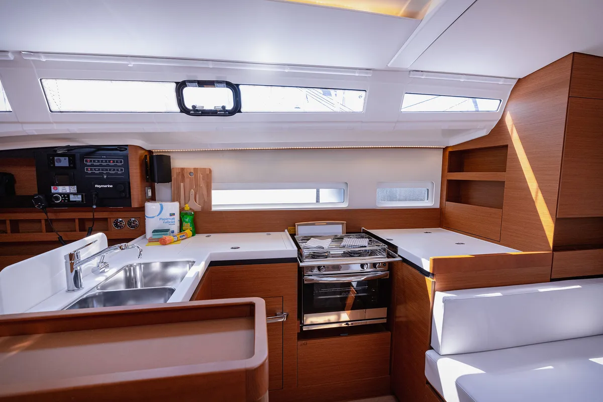 Galley of Purr, a Jeanneau Sun Odyssey 410 sailboat at Grad Kaštela, Croatia