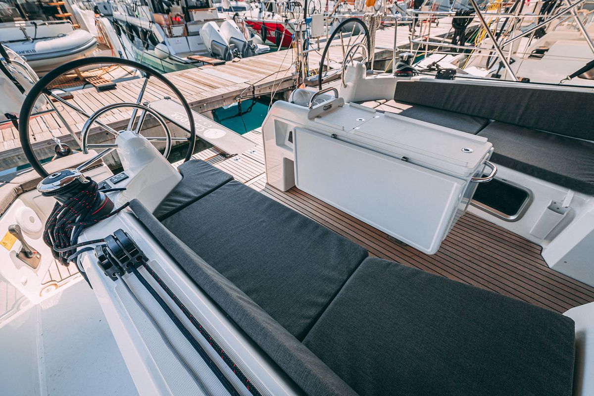 Deck of Purr, a Jeanneau Sun Odyssey 410 sailboat at Grad Kaštela, Croatia