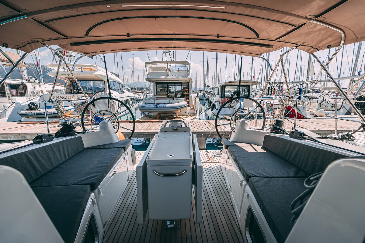 Deck of Purr, a Jeanneau Sun Odyssey 410 sailboat at Grad Kaštela, Croatia