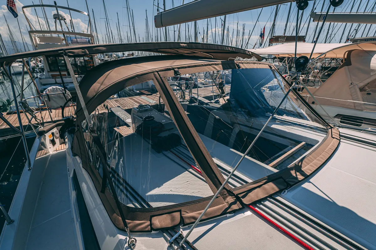 Exterior view of Purr, a Jeanneau Sun Odyssey 410 sailboat at Grad Kaštela, Croatia