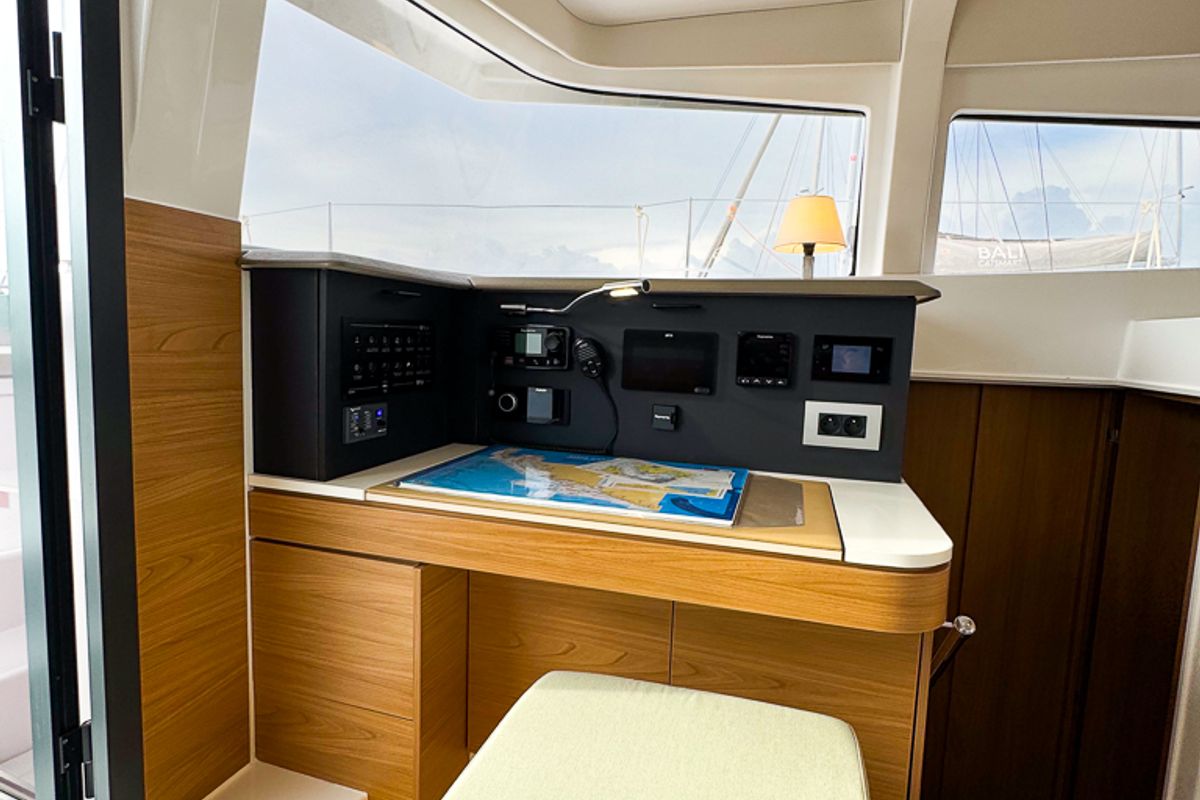 Cockpit of Merlot, a Bali 4.2 catamaran at Pirovac, Croatia