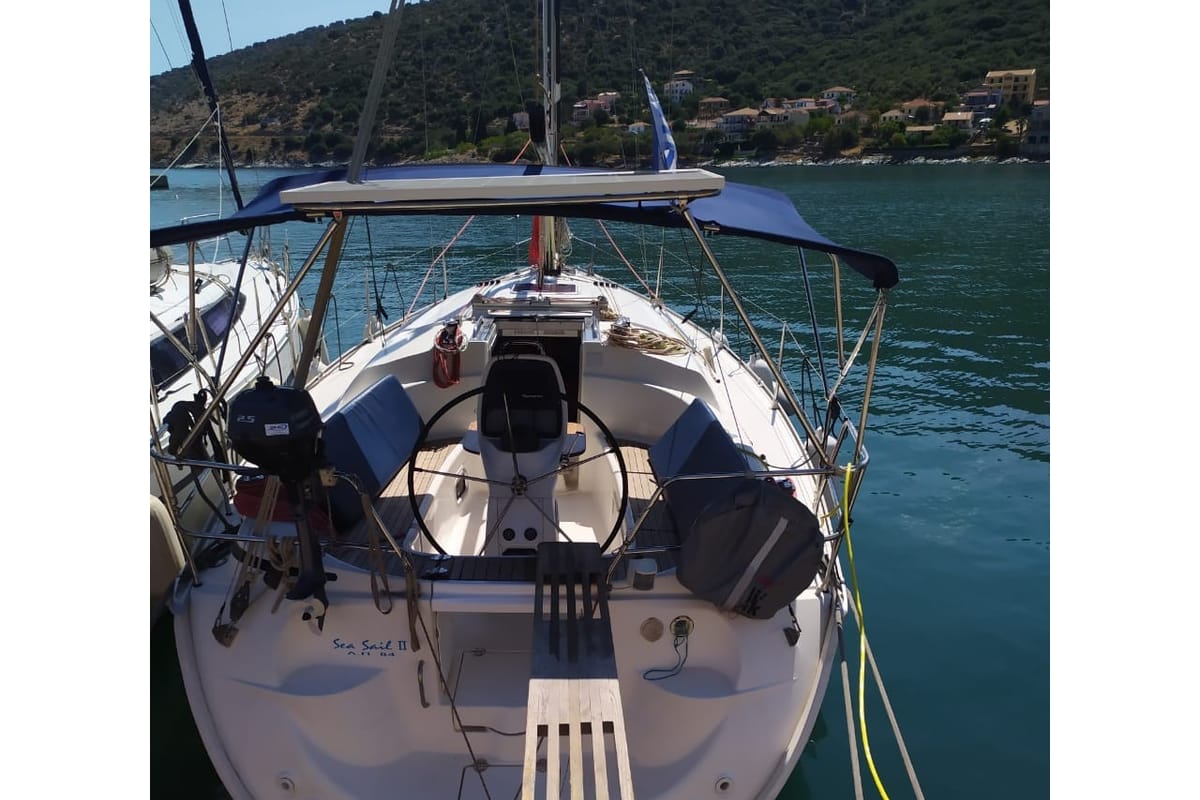 Exterior view of Seasail, a Bavaria Cruiser 33 sailboat at Municipal Unit of Lefkada, Greece