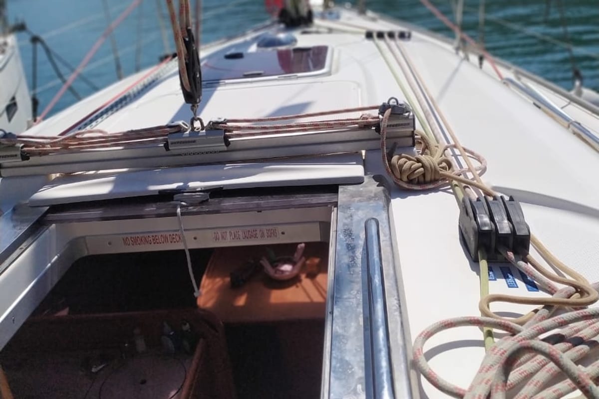 Deck of Seasail, a Bavaria Cruiser 33 sailboat at Municipal Unit of Lefkada, Greece