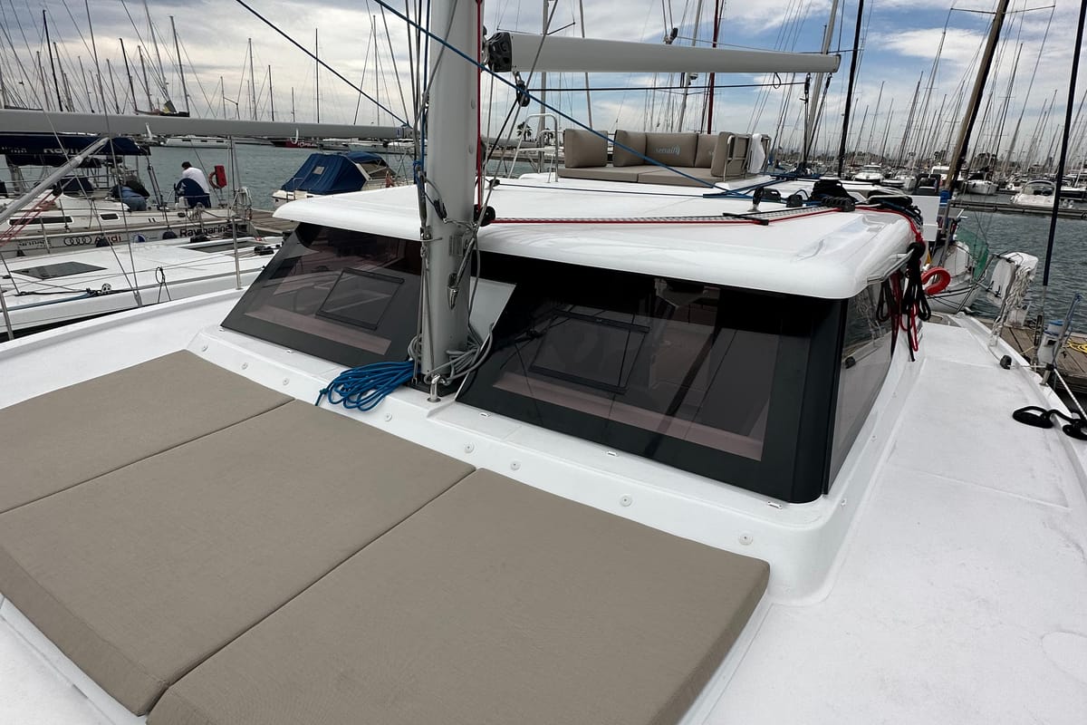 Deck of Ilusión, a Aventura Catamarans Aventura 37 catamaran at Valencia, Spain