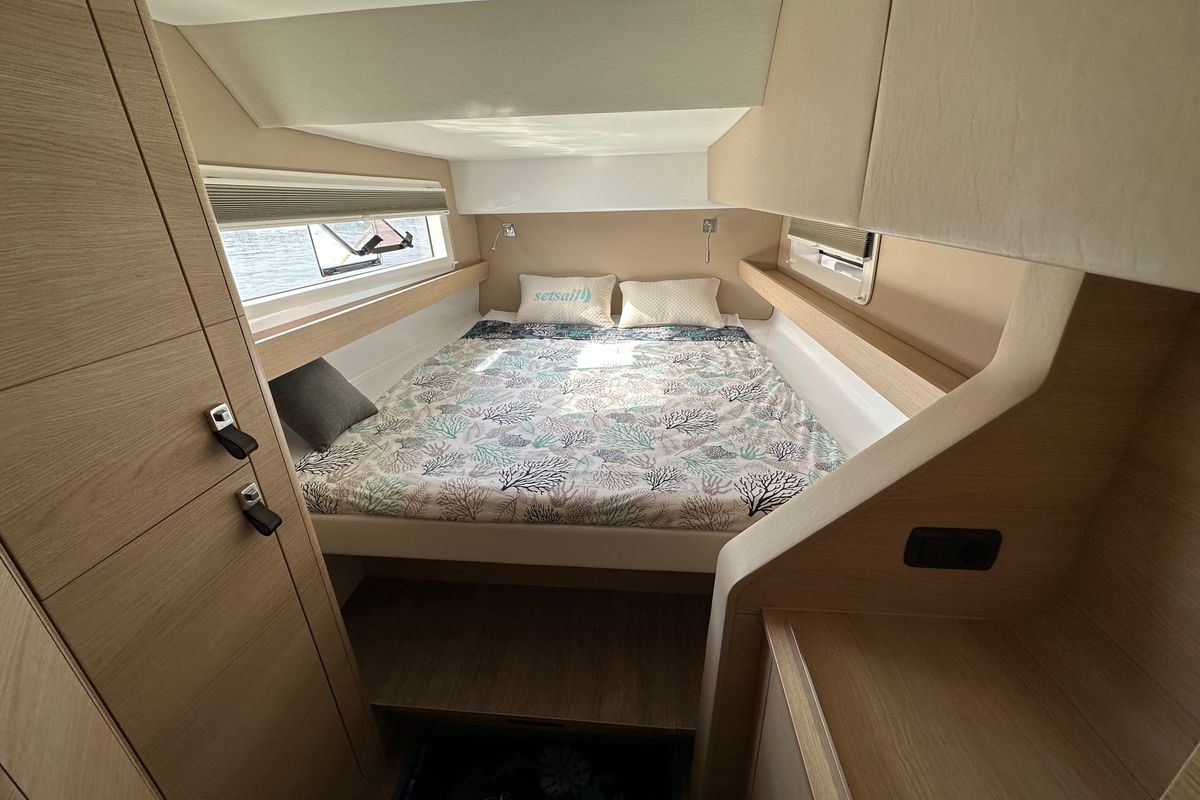 Cabin on Ilusión, a Aventura Catamarans Aventura 37 catamaran at Valencia, Spain