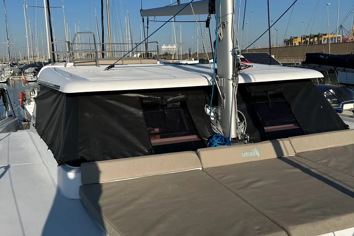 Deck of Ilusión, a Aventura Catamarans Aventura 37 catamaran at Valencia, Spain