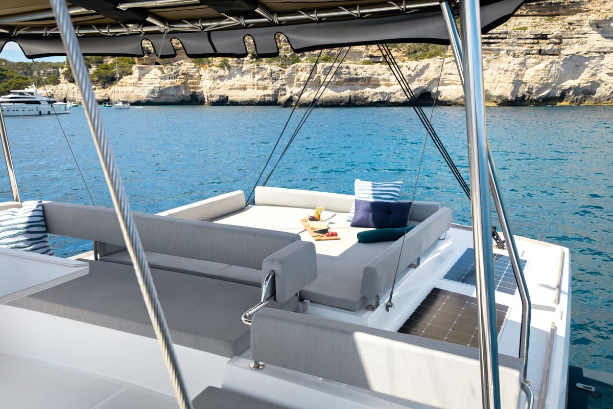 Deck of Santa Ana, a Bali 4.6 catamaran at Saint-Mandrier-sur-Mer, France