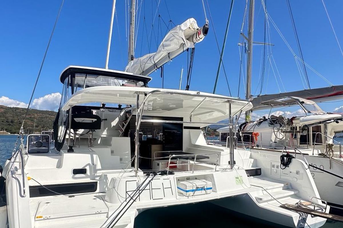 Exterior view of Rhea, a Lagoon 42 catamaran at Marmaris, Turkey