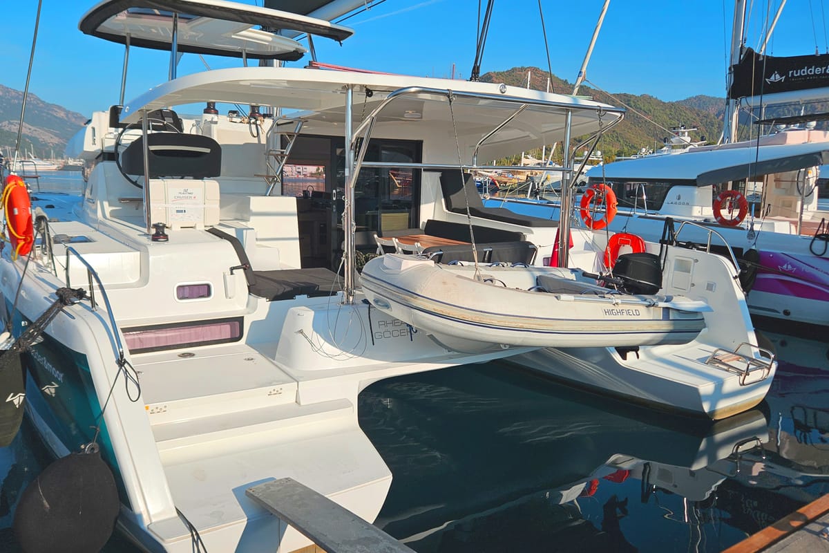Exterior view of Rhea, a Lagoon 42 catamaran at Marmaris, Turkey