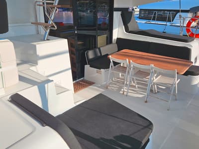 Deck of Rhea, a Lagoon 42 catamaran at Marmaris, Turkey