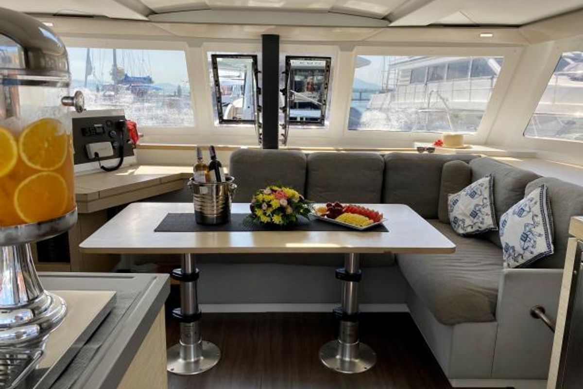 Salon of Kinara, a Fountaine Pajot Lucia 40 catamaran at Mai Khao, Thailand