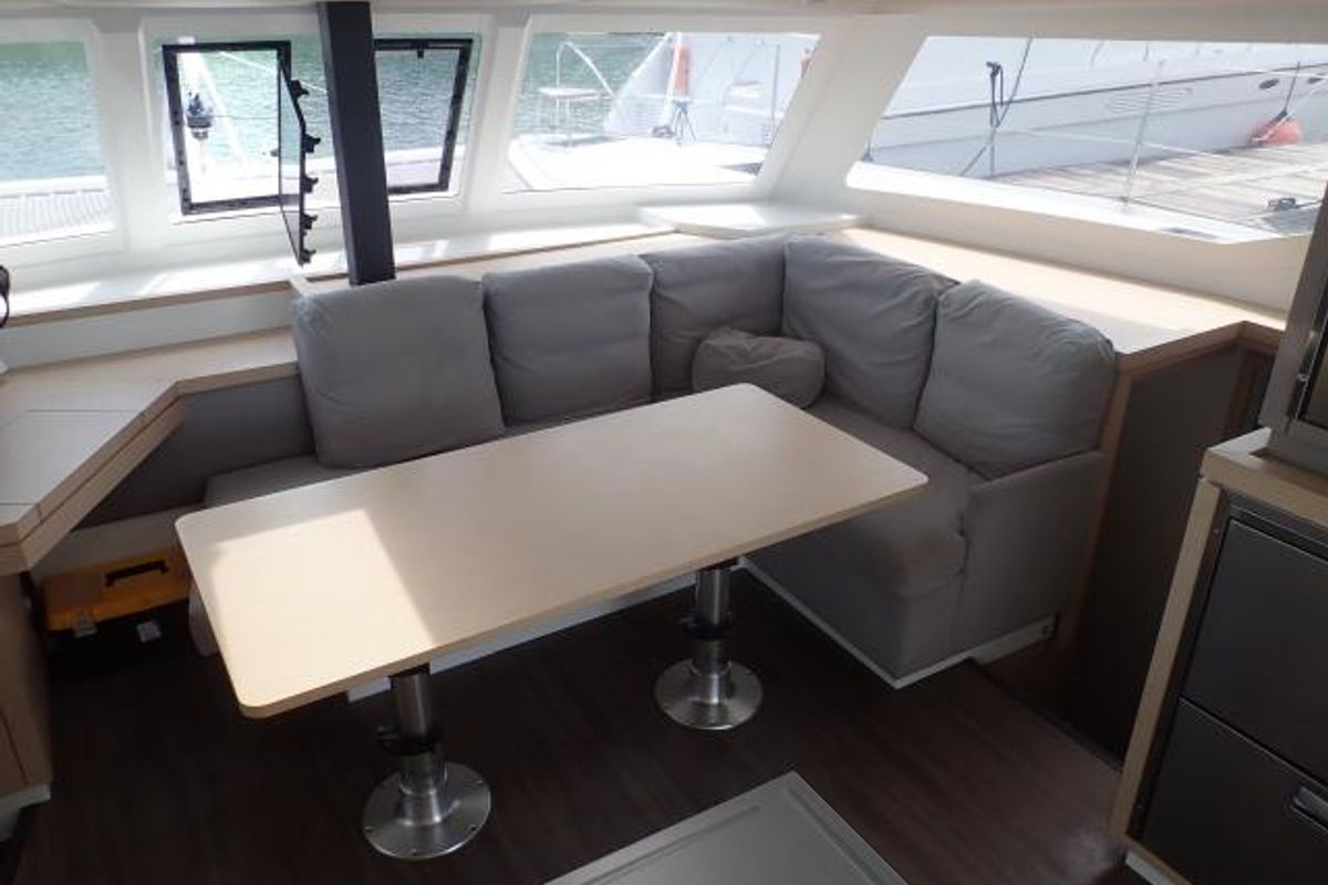 Salon of Kinara, a Fountaine Pajot Lucia 40 catamaran at Mai Khao, Thailand