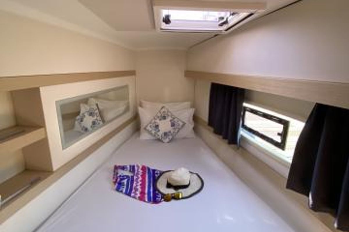 Cabin on Kinara, a Fountaine Pajot Lucia 40 catamaran at Mai Khao, Thailand