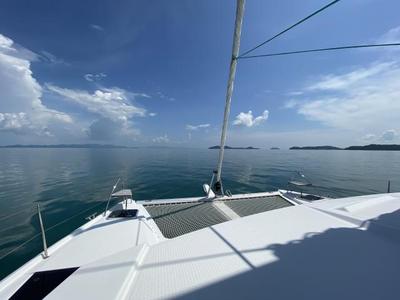 Deck of Kinara, a Fountaine Pajot Lucia 40 catamaran at Mai Khao, Thailand