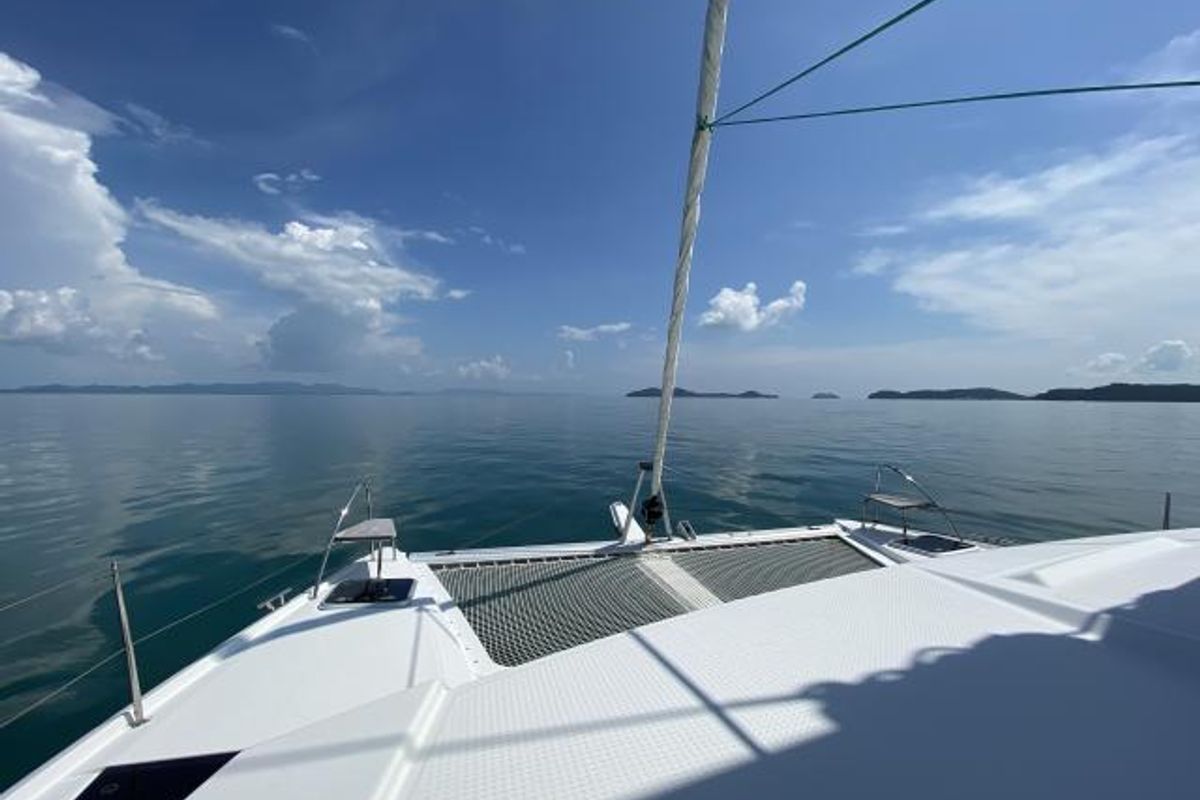 Deck of Kinara, a Fountaine Pajot Lucia 40 catamaran at Mai Khao, Thailand