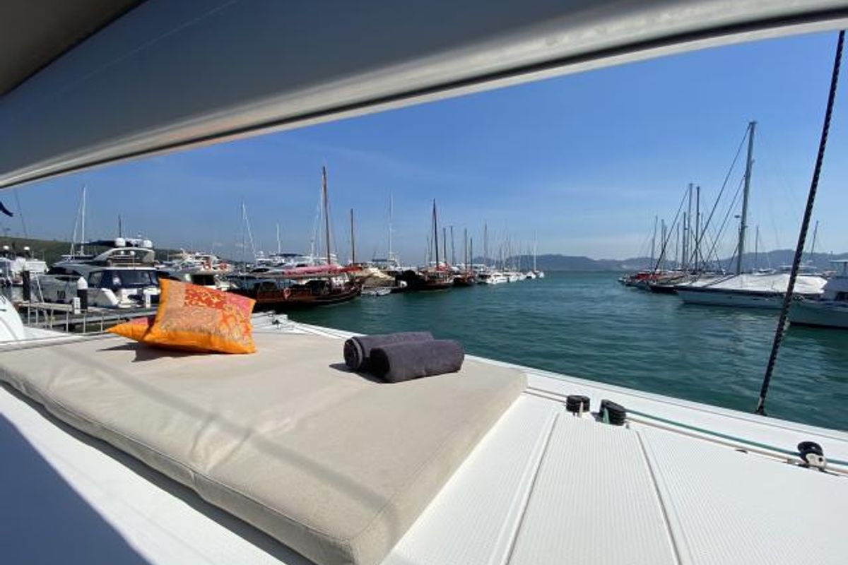 Deck of Kinara, a Fountaine Pajot Lucia 40 catamaran at Mai Khao, Thailand