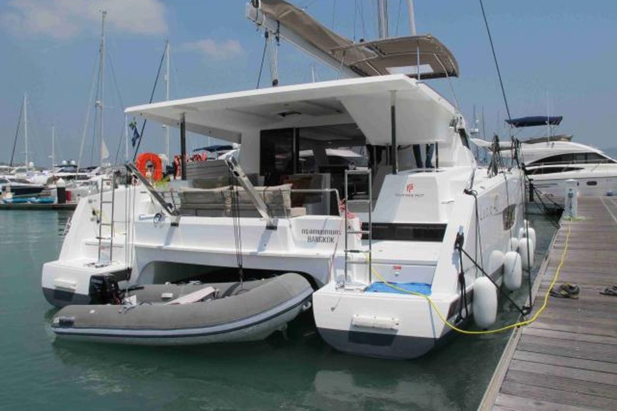 Exterior view of Kinara, a Fountaine Pajot Lucia 40 catamaran at Mai Khao, Thailand