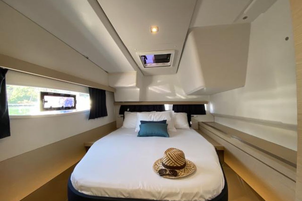 Cabin on Kinara, a Fountaine Pajot Lucia 40 catamaran at Mai Khao, Thailand