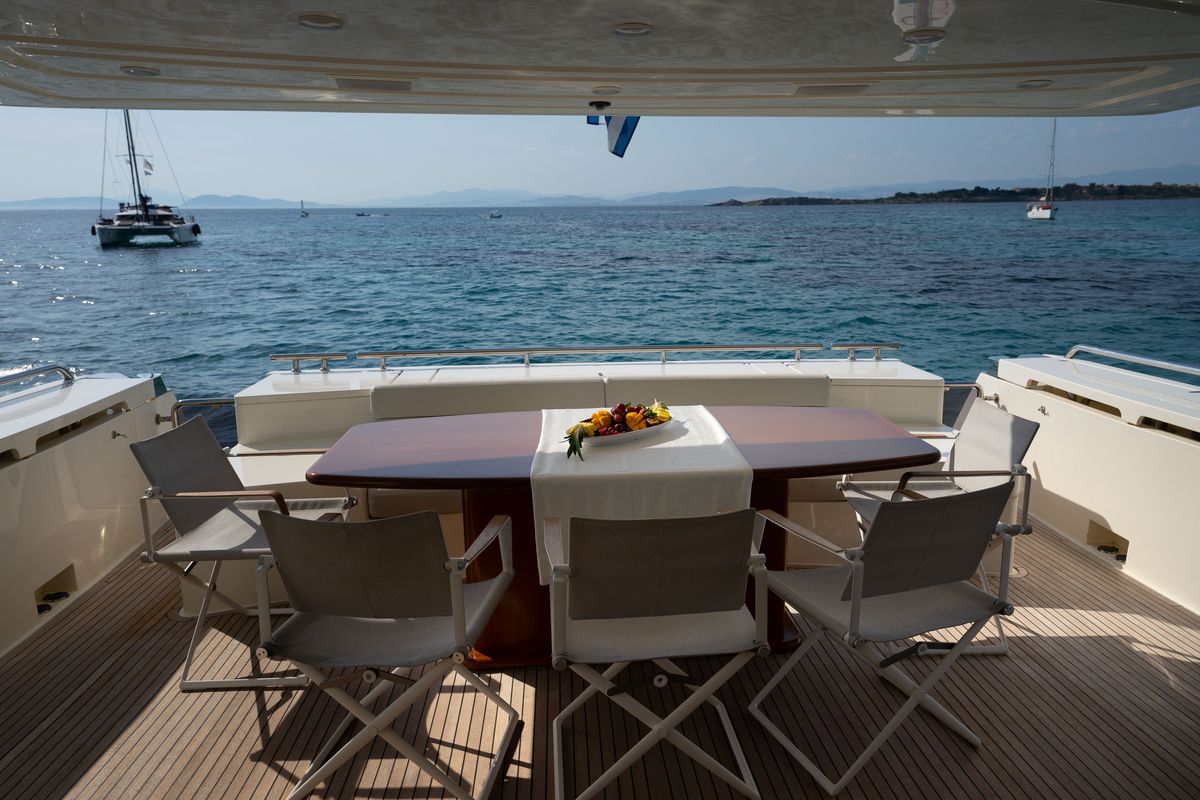 Deck of Nineteen, a Ferretti 780 yacht at Athens, Greece