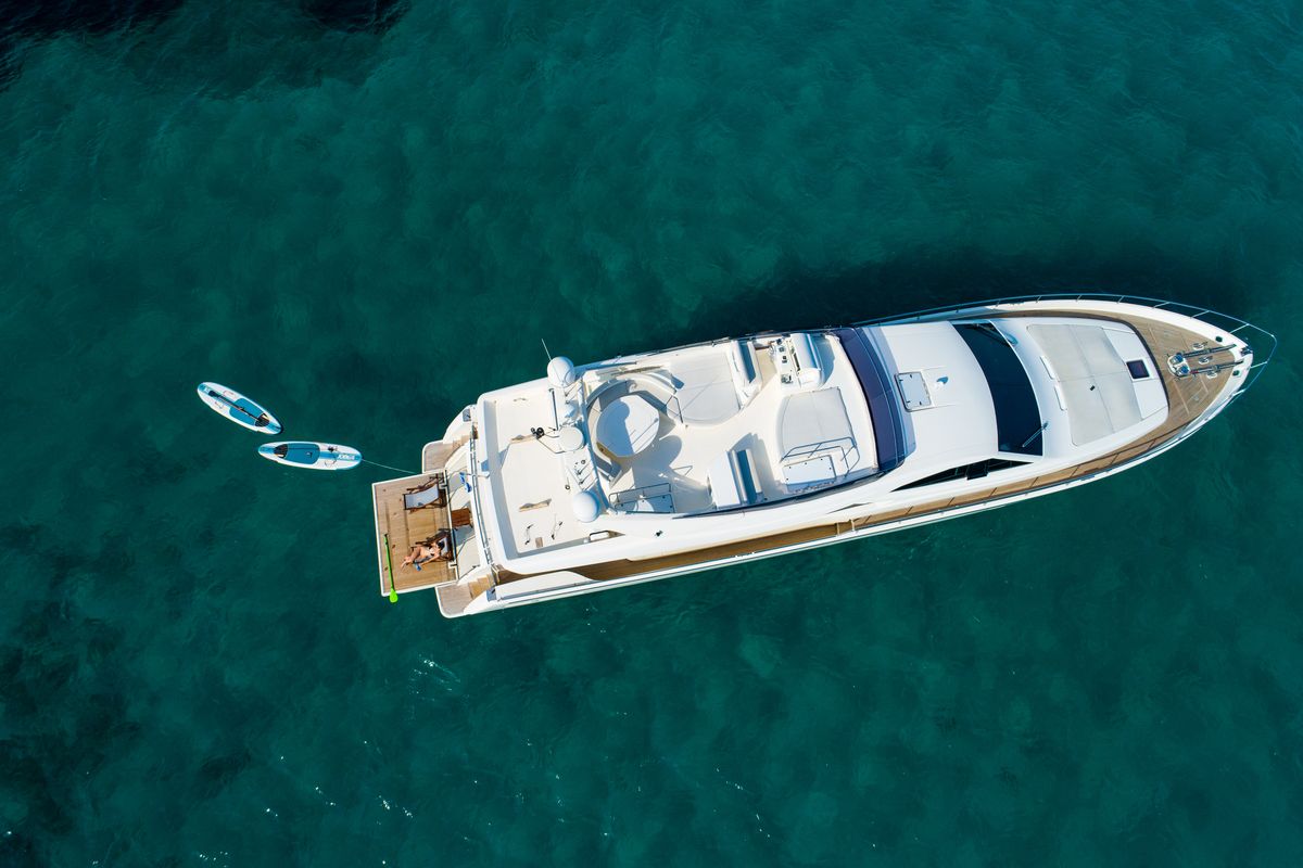 Exterior view of Nineteen, a Ferretti 780 yacht at Athens, Greece