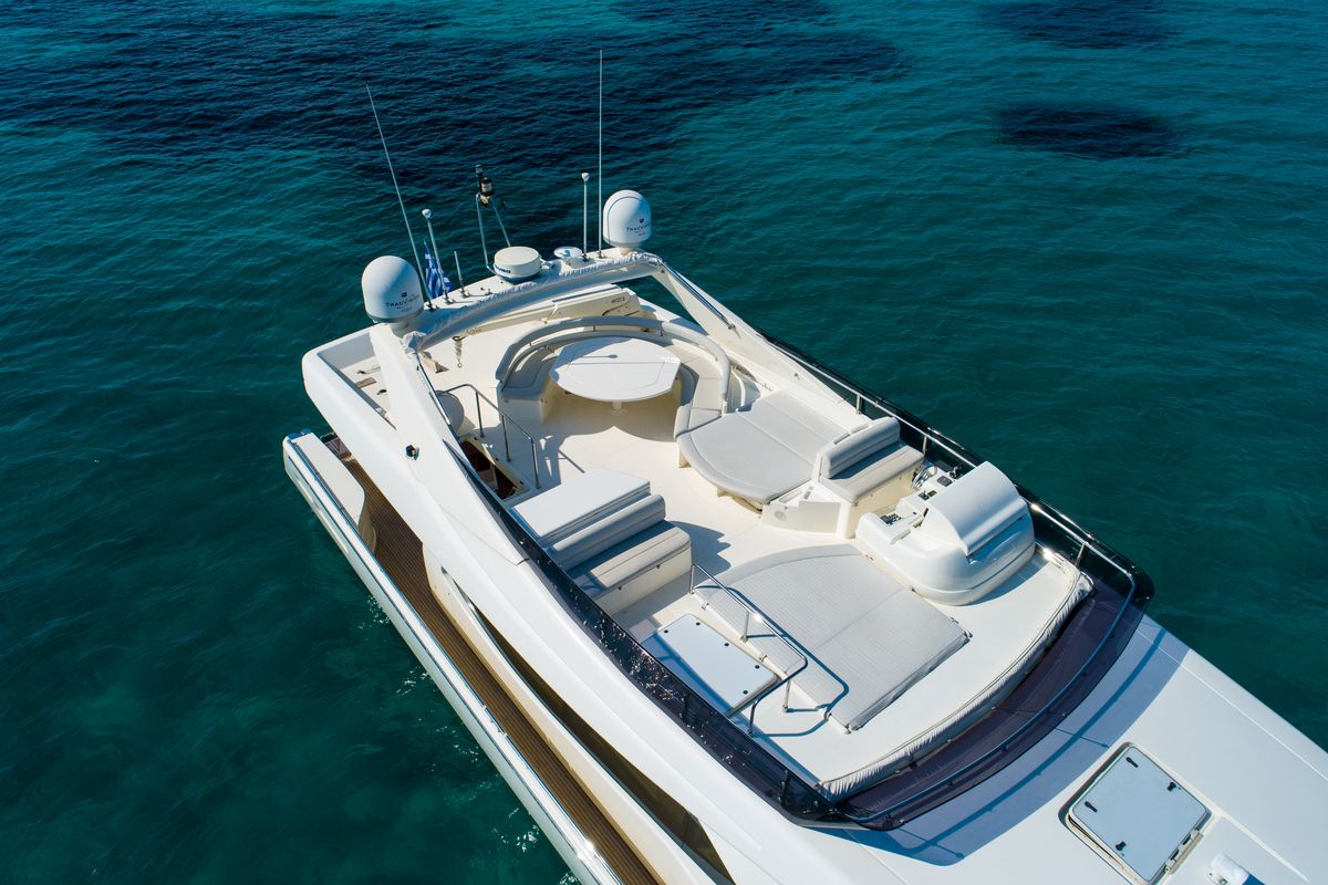 Deck of Nineteen, a Ferretti 780 yacht at Athens, Greece