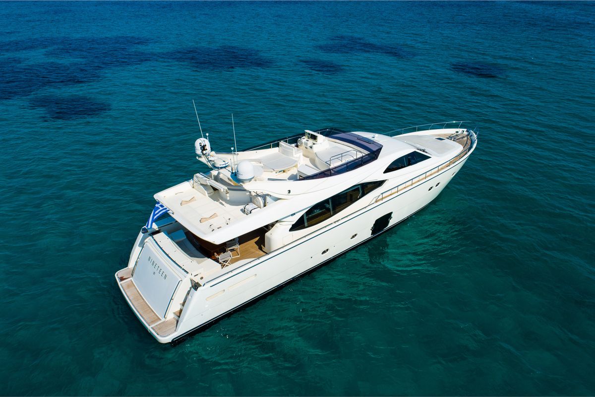 Exterior view of Nineteen, a Ferretti 780 yacht at Athens, Greece
