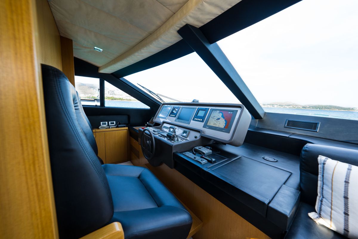 Cockpit of Nineteen, a Ferretti 780 yacht at Athens, Greece