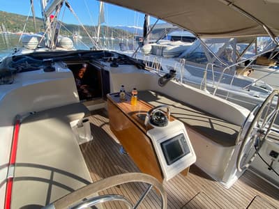 Cockpit of Zulu, a Bavaria 46 Cruiser sailboat at Fethiye, Turkey