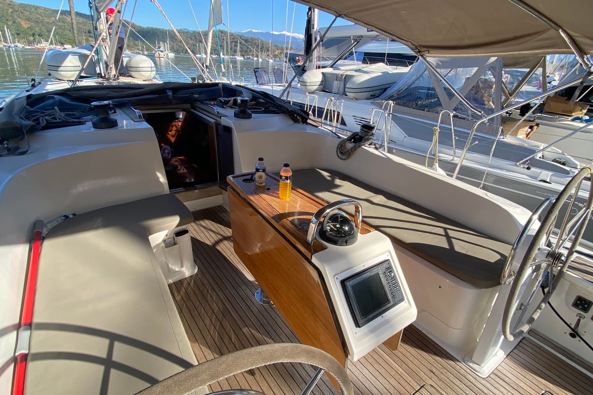 Cockpit of Zulu, a Bavaria 46 Cruiser sailboat at Fethiye, Turkey