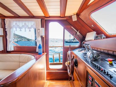 Cockpit of Carpe Diem XI, a Gulet Gulet gulet at Bodrum, Turkey