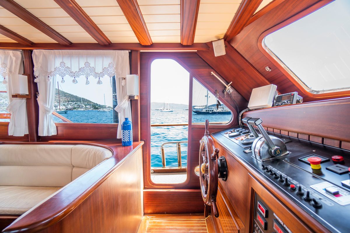 Cockpit of Carpe Diem XI, a Gulet Gulet gulet at Bodrum, Turkey
