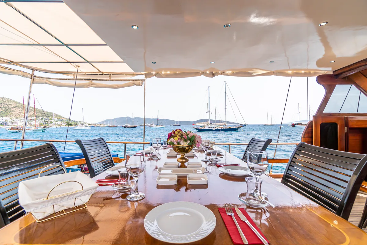 Deck of Carpe Diem XI, a Gulet Gulet gulet at Bodrum, Turkey