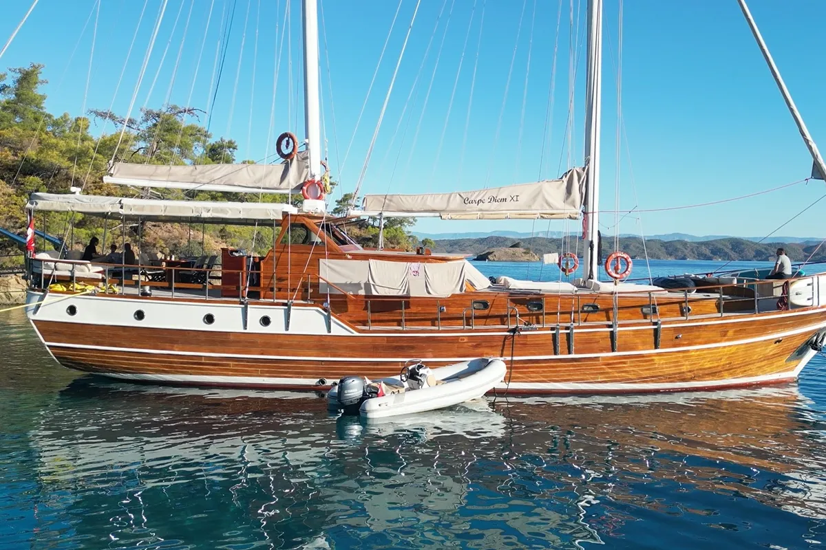 Exterior view of Carpe Diem XI, a Gulet Gulet gulet at Bodrum, Turkey
