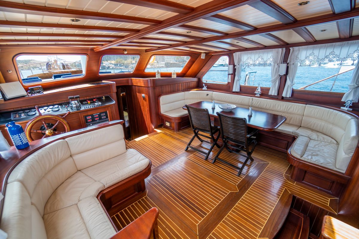 Cockpit of Carpe Diem XI, a Gulet Gulet gulet at Bodrum, Turkey