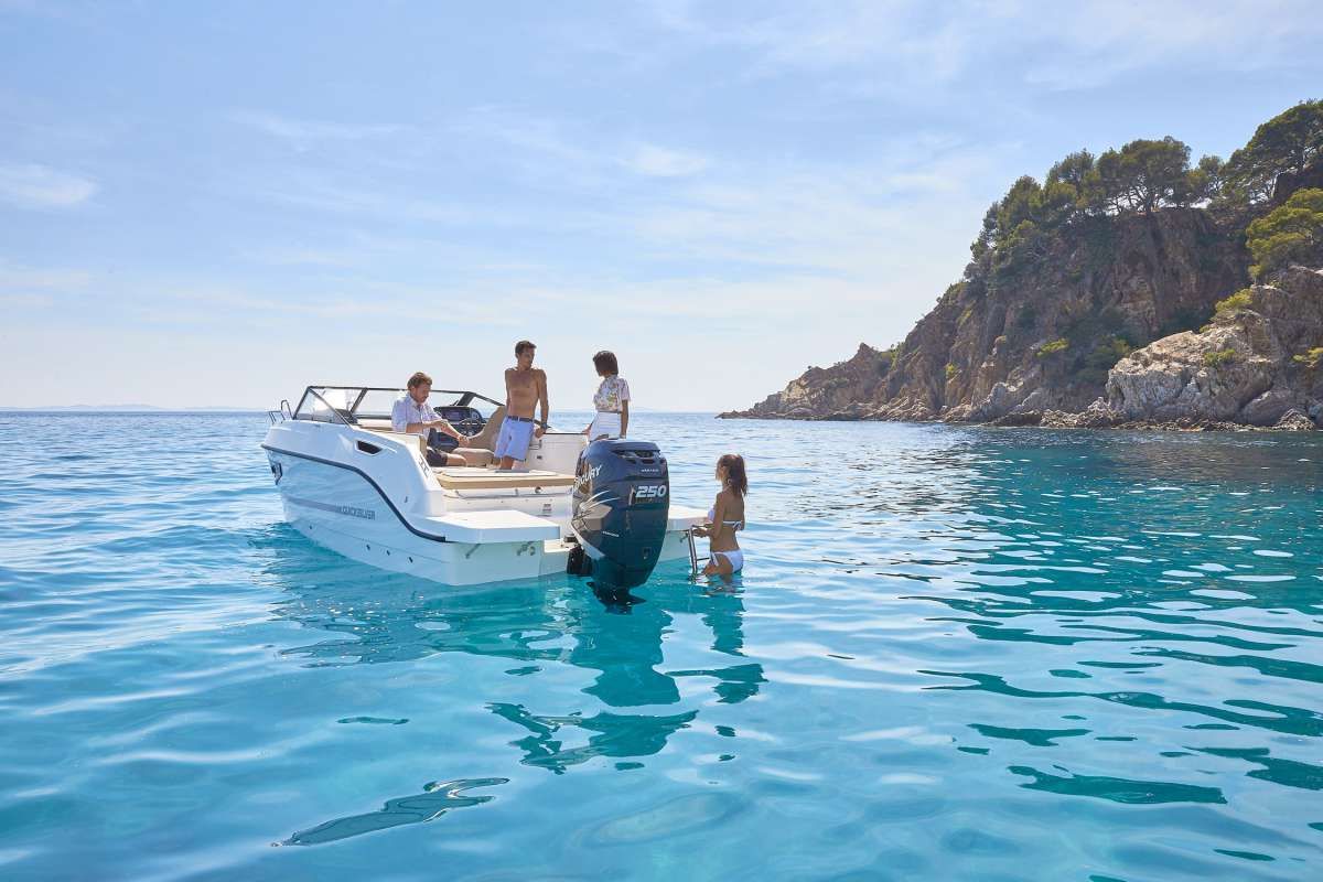 Exterior view of Pure Pleasure, a Quicksilver Activ 755 CR motorboat at Tribunj, Croatia