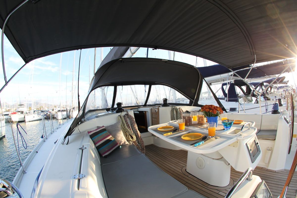 Cockpit of Joker, a Beneteau Cyclades 50.5 sailboat at Athens, Greece
