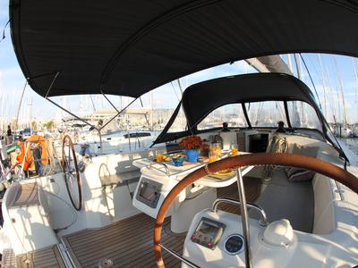 Cockpit of Joker, a Beneteau Cyclades 50.5 sailboat at Athens, Greece