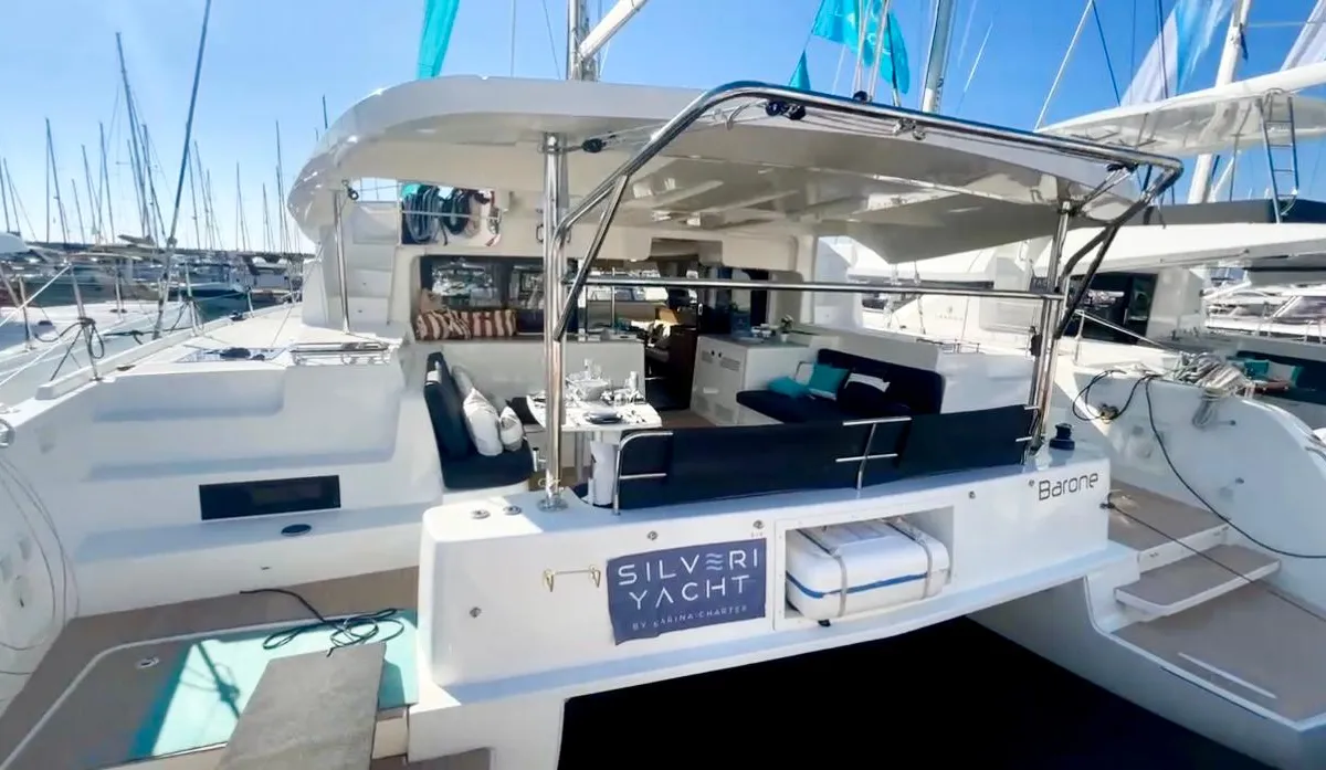 Exterior view of Barone, a Lagoon 46 catamaran at Salerno, Italy
