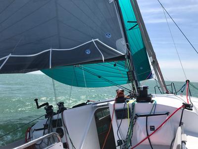 Deck of Aminata, a Pogo Structures Pogo 36 sailboat at Alameda, United States