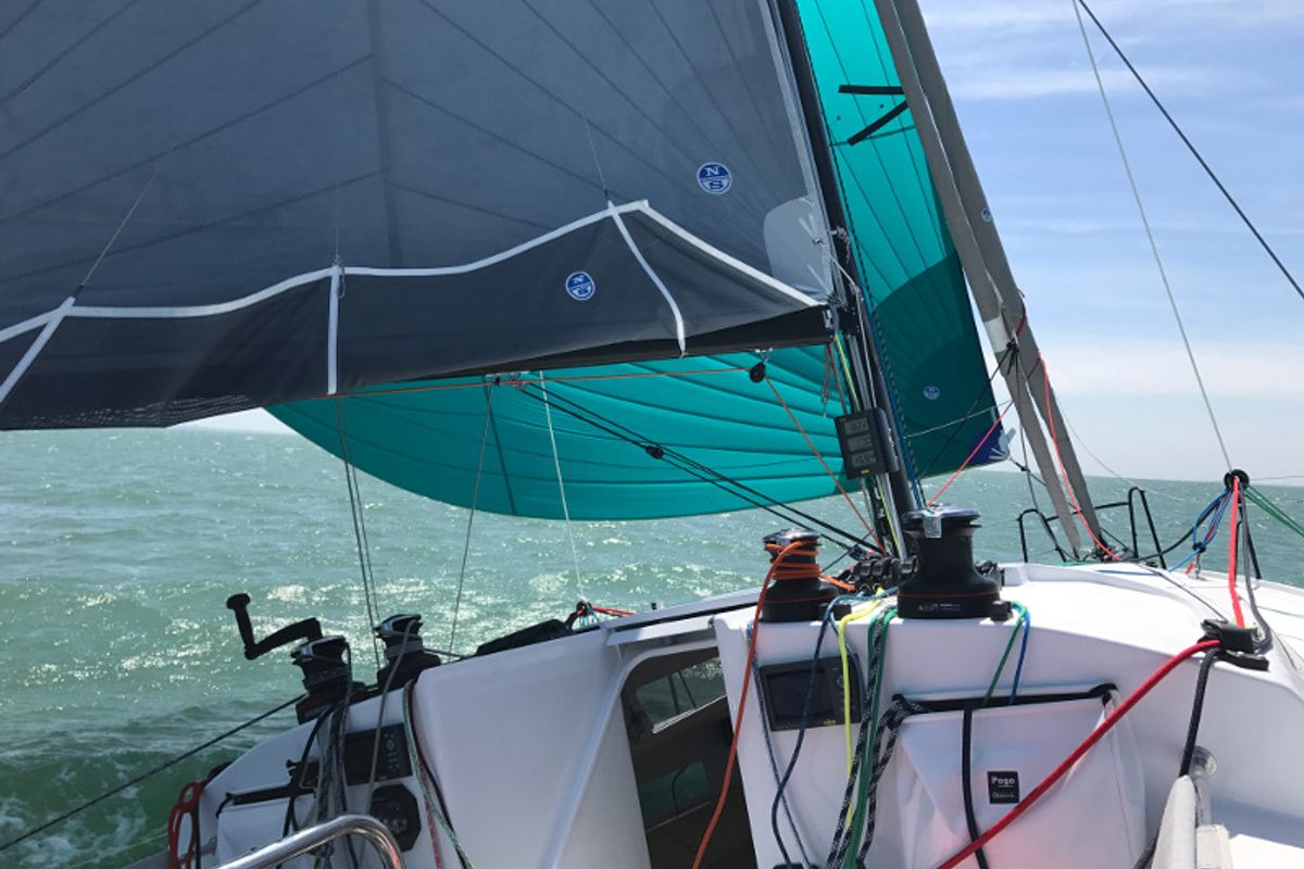 Deck of Aminata, a Pogo Structures Pogo 36 sailboat at Alameda, United States