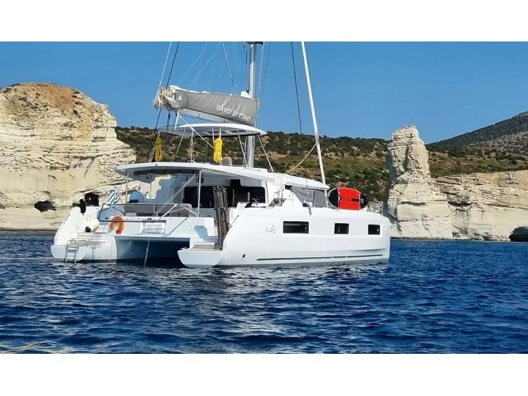 Exterior view of CAVO D' ORO, a Lagoon 46 catamaran at Athens, Greece