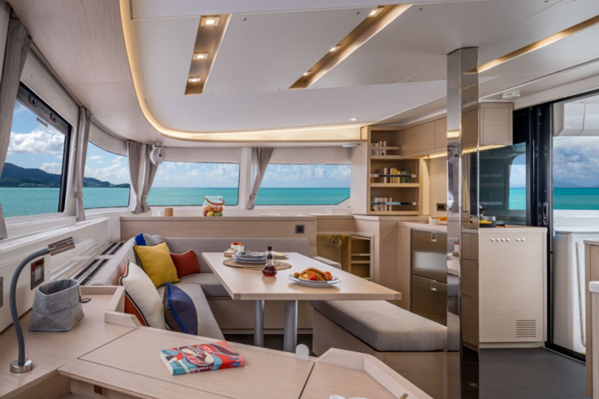 Salon of CAVO D' ORO, a Lagoon 46 catamaran at Athens, Greece